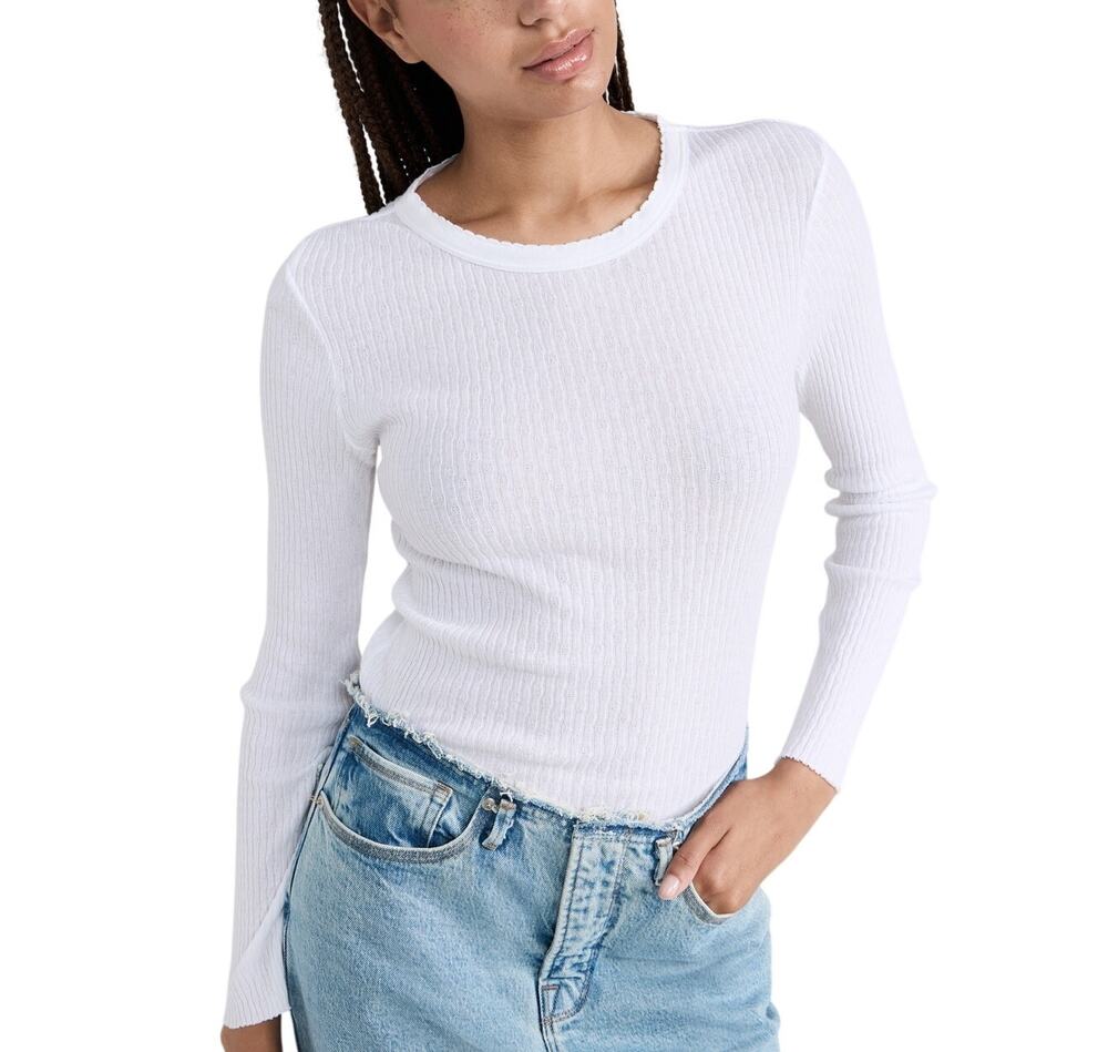 Enza Costa Ribbed White Scalloped Crew Top Size XS